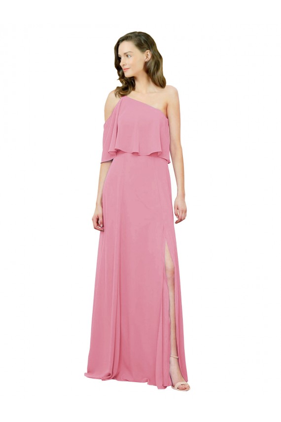 Cheap Sleeved One Shoulder Chiffon Bridesmaids Dress with Draped Ruffle Overlay Canada