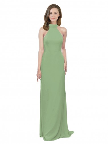 Cheap High Collar Halter Neck Chiffon Bridesmaid Dress with Long Back Tie Canada