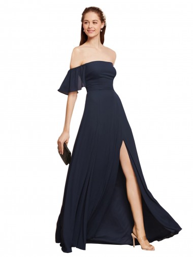 Cheap Off the Shoulder Floaty Sleeves Chiffon Bridesmaid Dress / Prom Dress with High Slit Canada