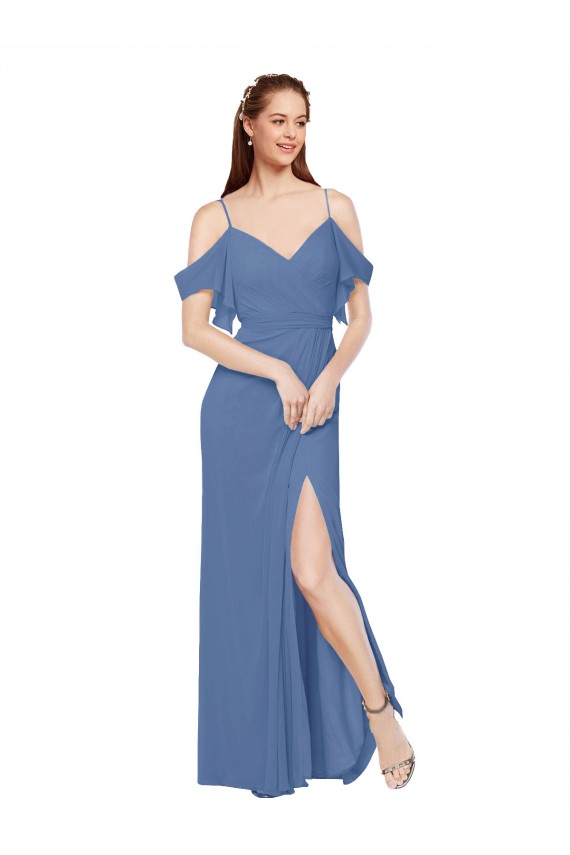 Cheap Mock-Wrap Off the Shoulder Long Chiffon Bridesmaid Dress with Side Slit Canada