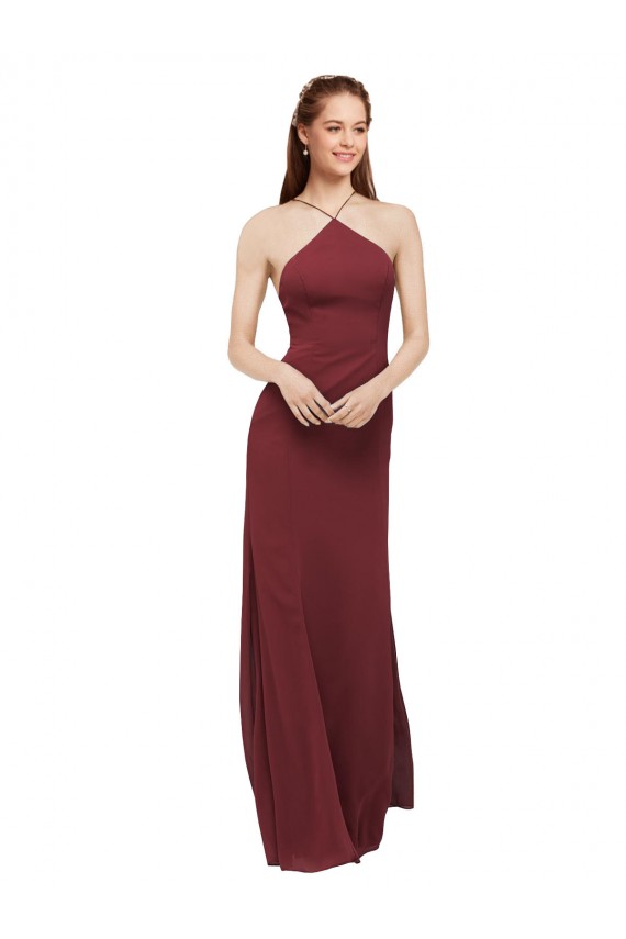Cheap High Halter Neck Long Chiffon Bridesmaid Dress with Low Scoop Back Canada