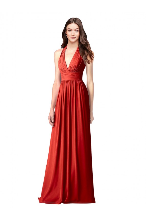 Cheap Halter V-Neck A-Line Chiffon Bridesmaid Dress with Shirred Skirt Canada