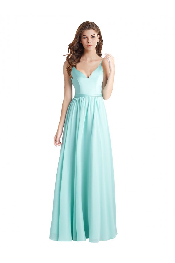 Cheap Long V-Neck Chiffon Bridesmaid Dress with Satin Bodice Canada