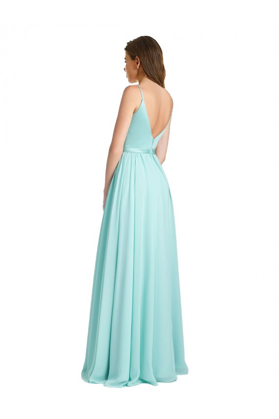Cheap Long V-Neck Chiffon Bridesmaid Dress with Satin Bodice Canada