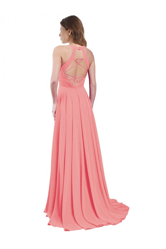 Cheap Draped A-Line Chiffon Bridesmaid Dress with Halter Keyhole Neckline Canada