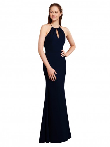 Cheap Fluted Long Chiffon Bridesmaid Dress with Halter Neckline and Keyhole Canada