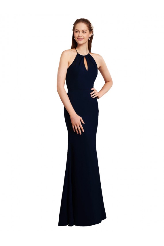 Cheap Fluted Long Chiffon Bridesmaid Dress with Halter Neckline and Keyhole Canada