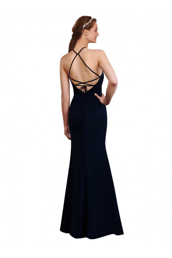 Cheap Fluted Long Chiffon Bridesmaid Dress with Halter Neckline and Keyhole Canada