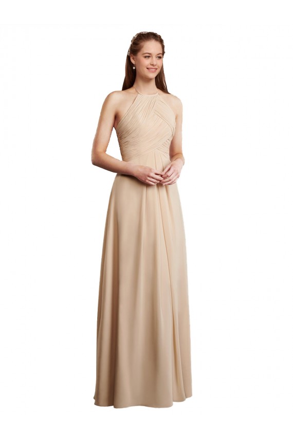Cheap Draped Halter Neck Long Chiffon Bridesmaid Dress with Tie Back Canada