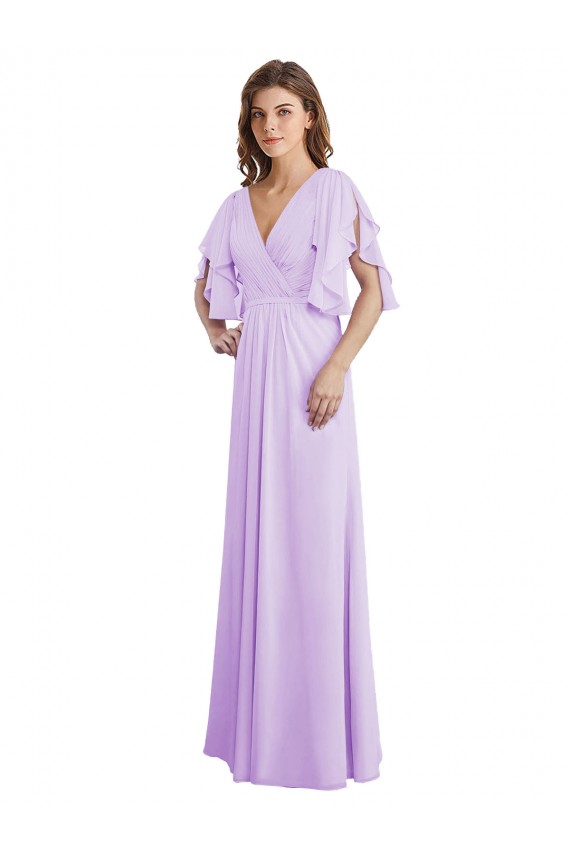 Cheap A-Line Draped Chiffon Bridesmaid Dress with V-Neck and Split Sleeves Canada