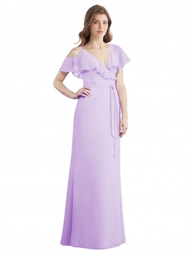 Cheap Ruffled Neckline Cold Shoulder Long Chiffon Bridesmaid Dress Canada