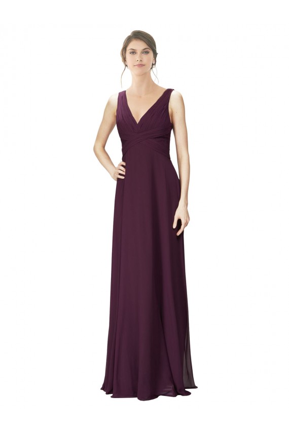 Cheap Long Chiffon Bridesmaid Dress with Ruched Criss Cross V-Neck Bodice Canada