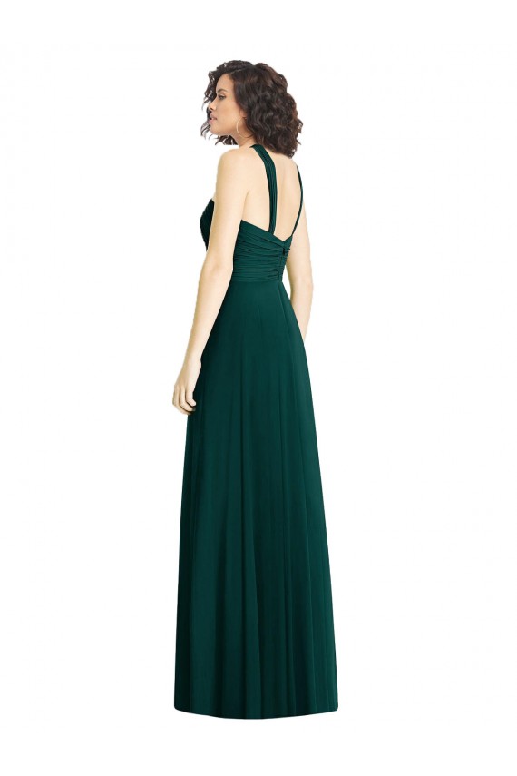 Cheap Draped Halter Neck Long Chiffon Bridesmaid Dress with Low Back Canada