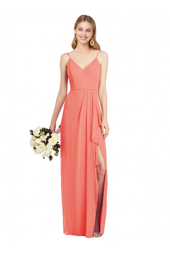 Cheap Spaghetti Strap Draped Skirt Chiffon Bridesmaid Dress with Front Slit Canada