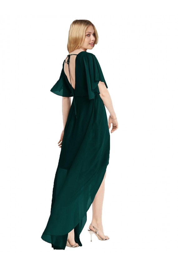 Cheap Plunging V Back Flutter Sleeves Cocktail Length Chiffon Bridesmaid Dress Canada