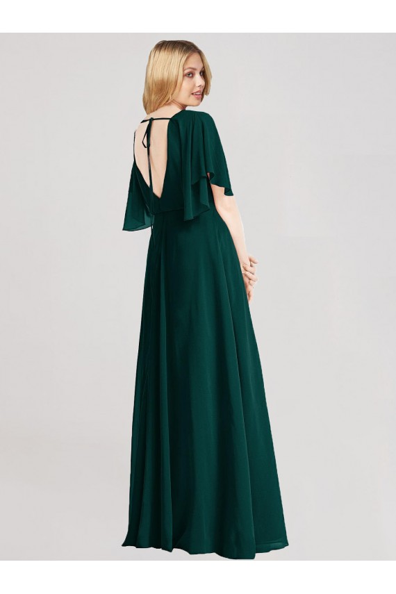Cheap Full-Length Flutter Sleeves Plunging V Back Chiffon Bridesmaid Dress Canada