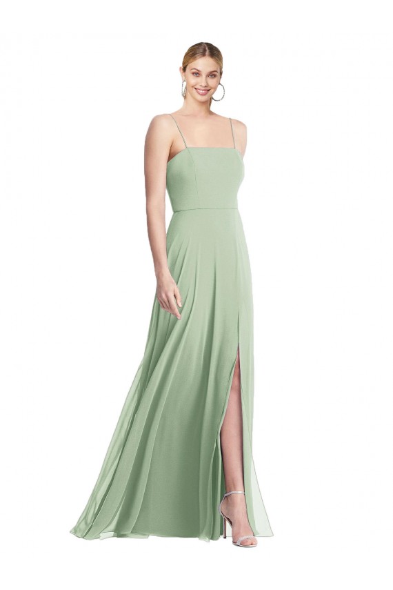 Cheap Sleek Spaghetti Straps Low Back Square Neck Maxi Formal Chiffon Bridesmaid Dress Canada
