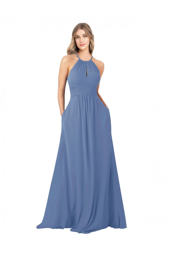 Cheap Draped High Neck Keyhole Back Bridesmaid Dress with Front Slit Canada