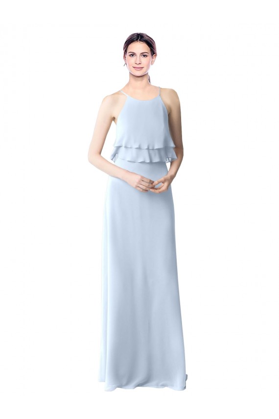Cheap High Narrow Neck Long Chiffon Bridesmaid Dress with Tiered Ruffles Canada