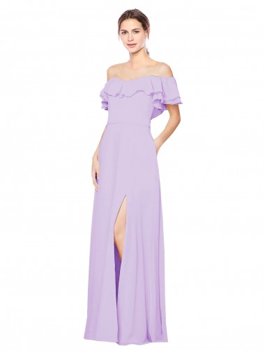 Cheap Ruffled Off the Shoulder Long Chiffon Bridesmaid Dress with Slit Canada