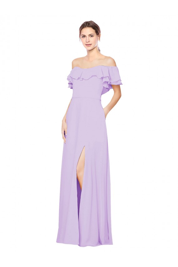 Cheap Ruffled Off the Shoulder Long Chiffon Bridesmaid Dress with Slit Canada