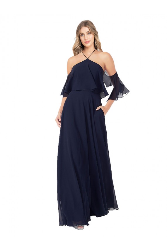 Cheap Halter Neck Cold Shoulder Flutter Sleeves Bridesmaid Dress Canada