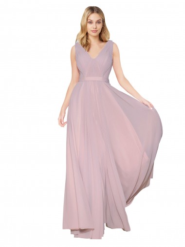 Cheap Draped V-Neck Long Chiffon Bridesmaid Dress / Formal Prom Dress with Shirred Bodice Canada