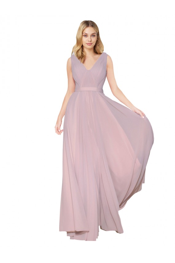 Cheap Draped V-Neck Long Chiffon Bridesmaid Dress / Formal Prom Dress with Shirred Bodice Canada