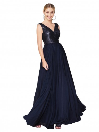 Cheap High Neck V-Neck Long Chiffon Bridesmaid Dress / Prom Dress with Sequin Top Canada