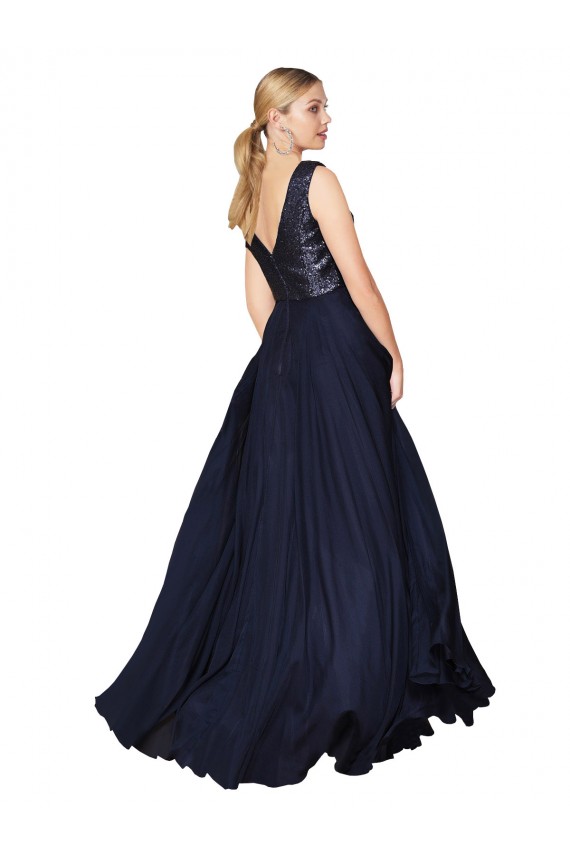 Cheap High Neck V-Neck Long Chiffon Bridesmaid Dress / Prom Dress with Sequin Top Canada
