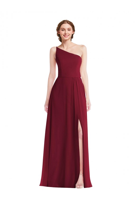 Cheap One Shoulder Chiffon Maxi Bridesmaid Dress with Shirred Front Slit Canada