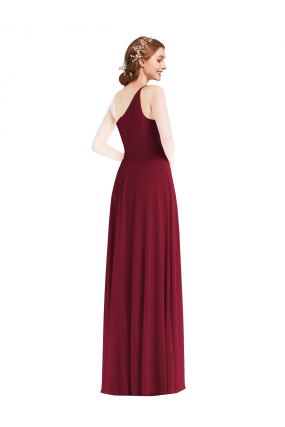 Cheap One Shoulder Chiffon Maxi Bridesmaid Dress with Shirred Front Slit Canada