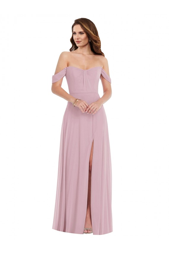 Cheap Off the Shoulder Draped Sleeve Maxi Bridesmaid Dress with Front Slit Canada