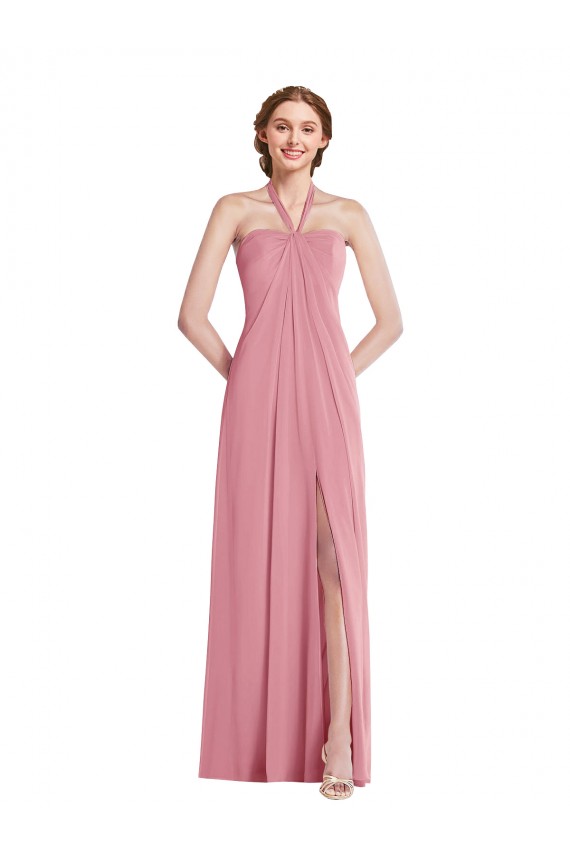 Cheap Draped Chiffon Grecian Column Bridesmaid Dress with Front Slit Canada