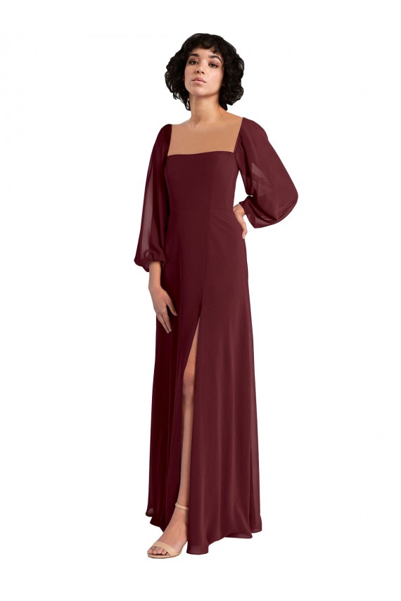 Cheap Sheer Long Sleeves Chiffon Bridesmaid Dress with High Slit Canada