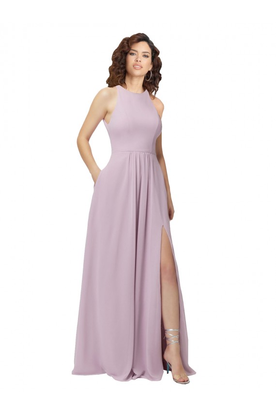 Cheap High-Halter Chiffon Bridesmaid Dress with Keyhole Cowl Back Canada