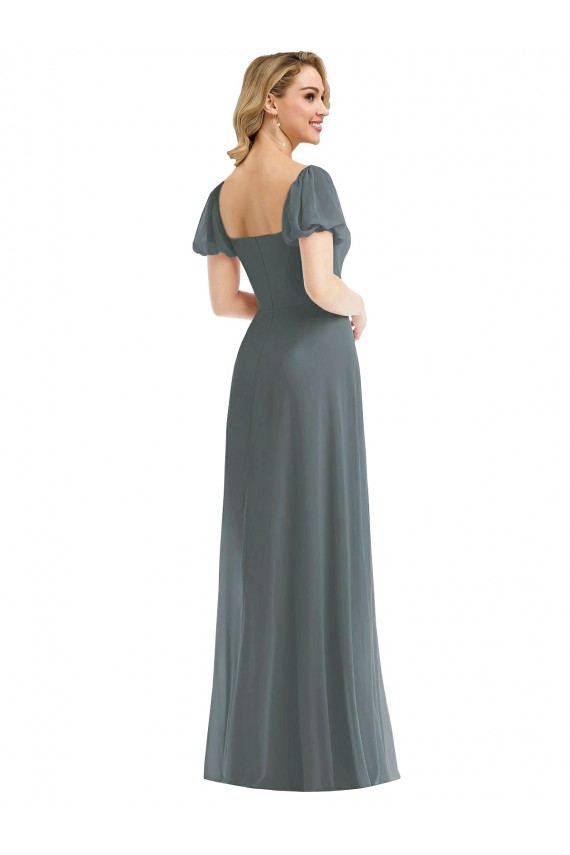 Cheap Puff Sleeves Chiffon Maxi Bridesmaid Dress with Front Slit Canada