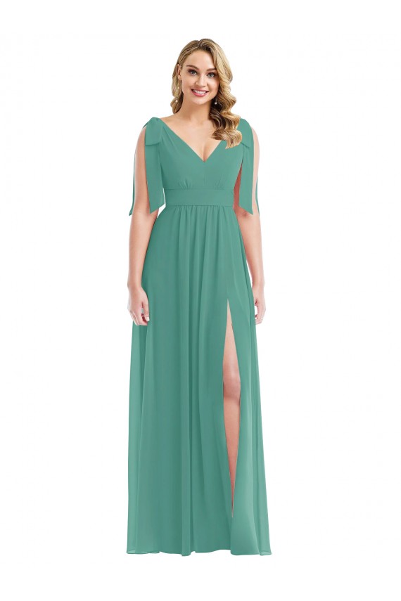 Cheap Plunge Neckline Bow Shoulder Chiffon Maxi Bridesmaid Dress Canada