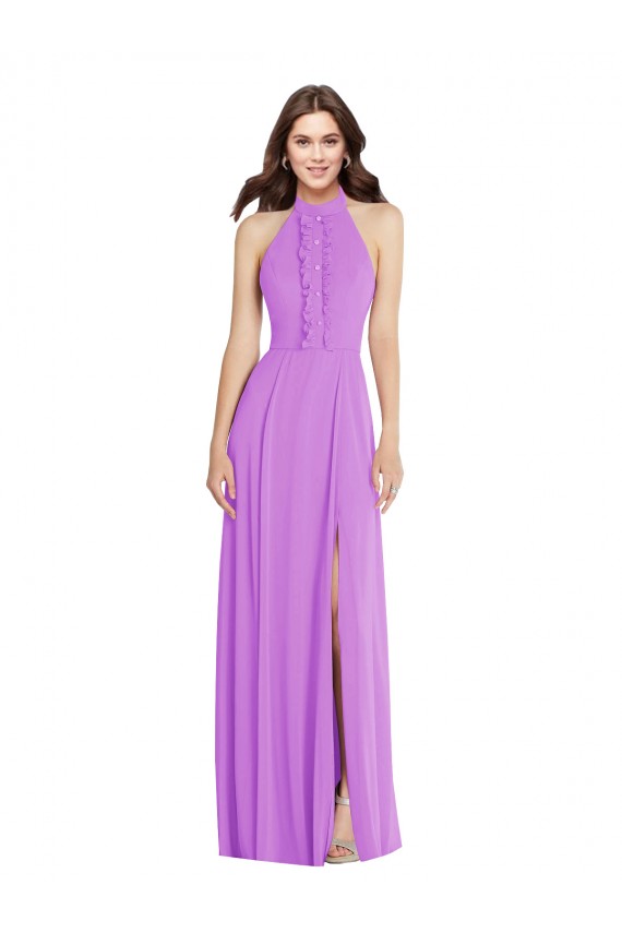 Cheap Halter Backless Maxi Formal Bridesmaid Dress with Button Ruffle Placket Canada