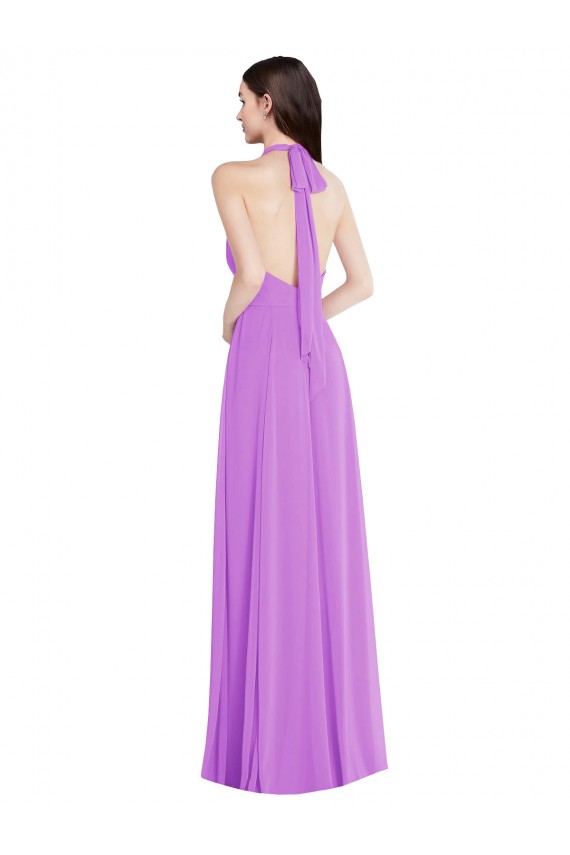 Cheap Halter Backless Maxi Formal Bridesmaid Dress with Button Ruffle Placket Canada