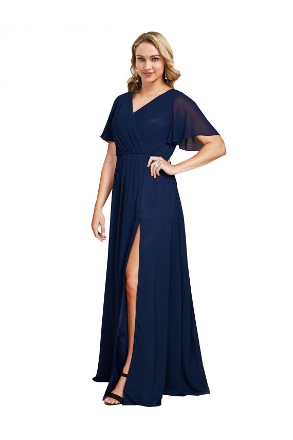 Cheap Chiffon V-Neck Short Sleeves Long Formal Bridesmaid Dress / Prom Dress with High Slit Canada