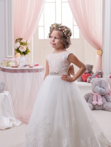Cheap Ivory Ball Gown Bateau Neck Chapel Train V-Back Flower Girl Dress Canada