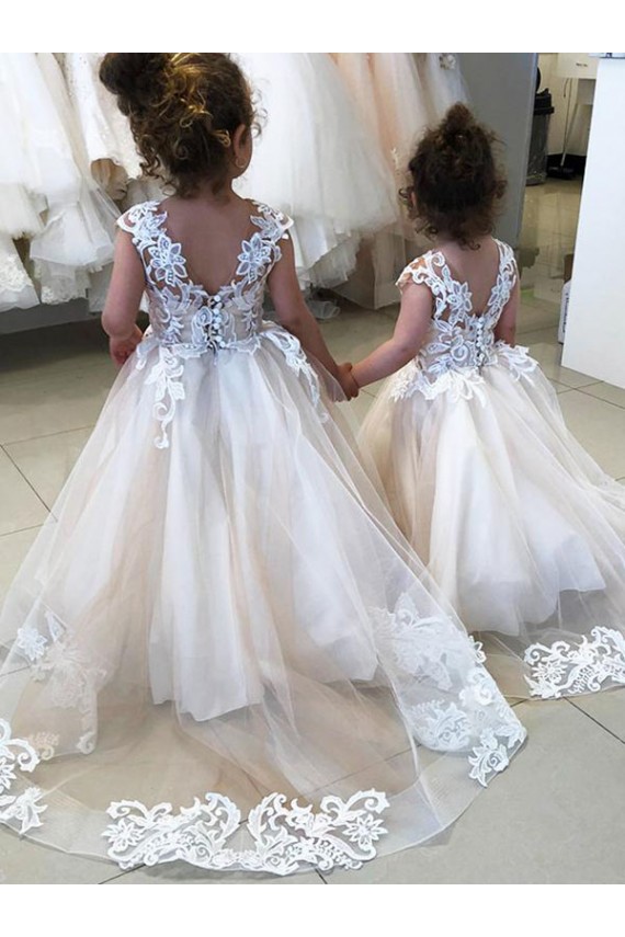 Cheap Ivory Ball Gown Chapel Train Sleeveless V-Back Flower Girl Dress Canada