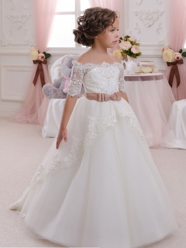 Cheap Ivory Ball Gown High Neck Floor Length Short Sleeve Flower Girl Dress Canada