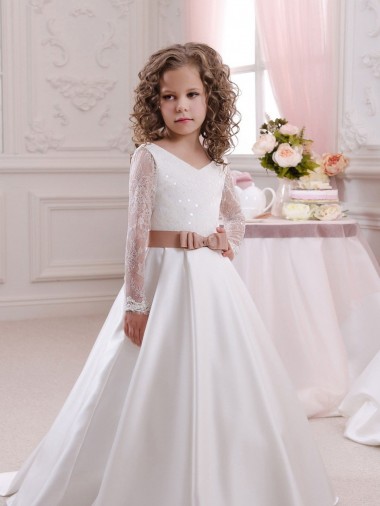 Cheap Ivory Ball Gown V-Neck Chapel Train Long Sleeve Flower Girl Dress Canada