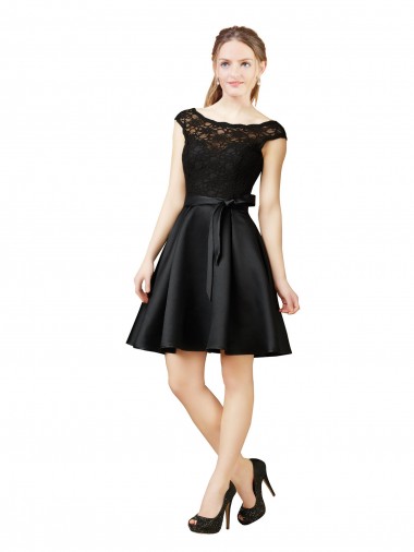 Cheap Lace and Satin Cocktail Bridesmaid Dress with V-Back Canada
