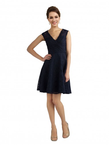 Cheap Short V-Neck Lace Cocktail Bridesmaid Dress with Illusion Back Canada