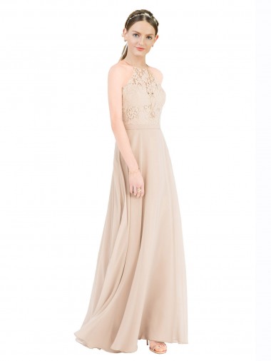 Cheap High Halter Neck Illusion Lace Bridesmaid Dress / Prom Dress with Chiffon Skirt and Keyhole Back Canada