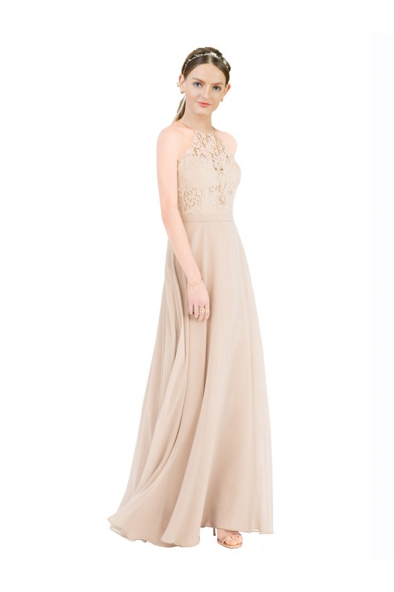 Cheap High Halter Neck Illusion Lace Bridesmaid Dress / Prom Dress with Chiffon Skirt and Keyhole Back Canada