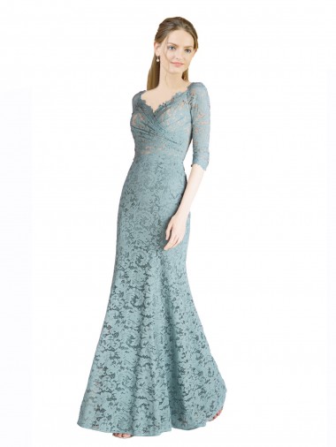 Cheap Half Sleeves Pleated Lace Bridesmaid Dress / Prom Dress with Wrap-Around Portrait Neckline Canada